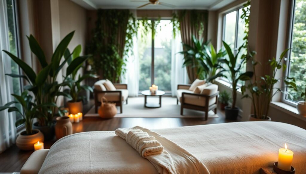 A serene spa-like setting with a focus on wellness and relaxation. A lush, verdant backdrop with potted plants and natural lighting filtering through large windows. In the foreground, a modern, minimalist massage table with plush linens and a selection of spa products and aromatherapy candles. The middle ground features a cozy seating area with comfortable upholstered chairs and a low table, suggesting a space for meditation or consultation. The overall atmosphere is one of tranquility, rejuvenation, and a holistic approach to self-care. The lighting is soft and diffused, creating a warm, inviting ambiance. A serene spa-like setting with a focus on wellness and relaxation. A lush, verdant backdrop with potted plants and natural lighting filtering through large windows. In the foreground, a modern, minimalist massage table with plush linens and a selection of spa products and aromatherapy candles. The middle ground features a cozy seating area with comfortable upholstered chairs and a low table, suggesting a space for meditation or consultation. The overall atmosphere is one of tranquility, rejuvenation, and a holistic approach to self-care. The lighting is soft and diffused, creating a warm, inviting ambiance.