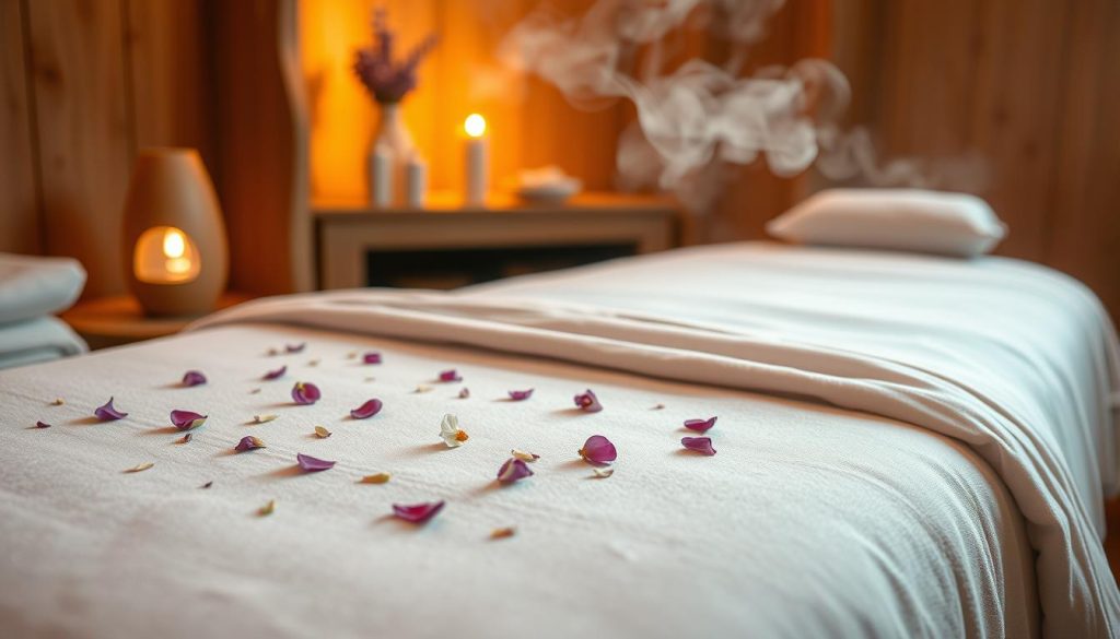 A serene spa-like setting with a plush massage table draped in soft linens, illuminated by warm ambient lighting. Wisps of aromatic steam rise from a diffuser nearby, filling the air with the soothing scents of lavender, bergamot, and geranium. Delicate flower petals are scattered across the surface, lending a natural, tranquil atmosphere. The camera angle captures the scene from a slightly elevated perspective, emphasizing the cozy, enveloping ambiance. Soft, diffused shadows accentuate the contours of the table and the gentle curves of the petals, creating a sense of depth and tactility. An overall sense of relaxation and mindful self-care permeates the image. A serene spa-like setting with a plush massage table draped in soft linens, illuminated by warm ambient lighting. Wisps of aromatic steam rise from a diffuser nearby, filling the air with the soothing scents of lavender, bergamot, and geranium. Delicate flower petals are scattered across the surface, lending a natural, tranquil atmosphere. The camera angle captures the scene from a slightly elevated perspective, emphasizing the cozy, enveloping ambiance. Soft, diffused shadows accentuate the contours of the table and the gentle curves of the petals, creating a sense of depth and tactility. An overall sense of relaxation and mindful self-care permeates the image.
