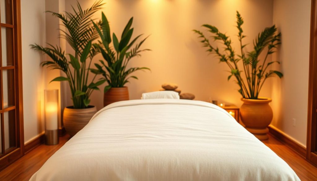 A serene spa-like setting with a wooden massage table in the foreground, draped in crisp white linens. Soft, warm lighting casts a cozy glow, while lush potted plants and natural textures like river stones create a tranquil, organic ambiance. The scene evokes a sense of rejuvenation and relaxation, perfectly capturing the essence of professional massage services like deep tissue, Thai, and reflexology techniques. A serene spa-like setting with a wooden massage table in the foreground, draped in crisp white linens. Soft, warm lighting casts a cozy glow, while lush potted plants and natural textures like river stones create a tranquil, organic ambiance. The scene evokes a sense of rejuvenation and relaxation, perfectly capturing the essence of professional massage services like deep tissue, Thai, and reflexology techniques.