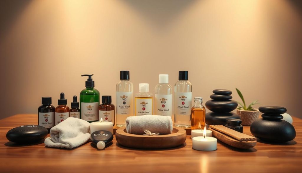 A serene, spa-like setting with an array of massage oils, stones, and other soothing accoutrements neatly arranged on a wooden table. The lighting is soft and warm, creating a calming, tranquil atmosphere. In the background, a neutral-toned wall serves as a minimalist backdrop, allowing the various massage modalities and their associated tools to take center stage. The composition is balanced and visually appealing, inviting the viewer to imagine the relaxing experience of choosing the ideal massage type to address their specific health and wellness needs. A serene, spa-like setting with an array of massage oils, stones, and other soothing accoutrements neatly arranged on a wooden table. The lighting is soft and warm, creating a calming, tranquil atmosphere. In the background, a neutral-toned wall serves as a minimalist backdrop, allowing the various massage modalities and their associated tools to take center stage. The composition is balanced and visually appealing, inviting the viewer to imagine the relaxing experience of choosing the ideal massage type to address their specific health and wellness needs.