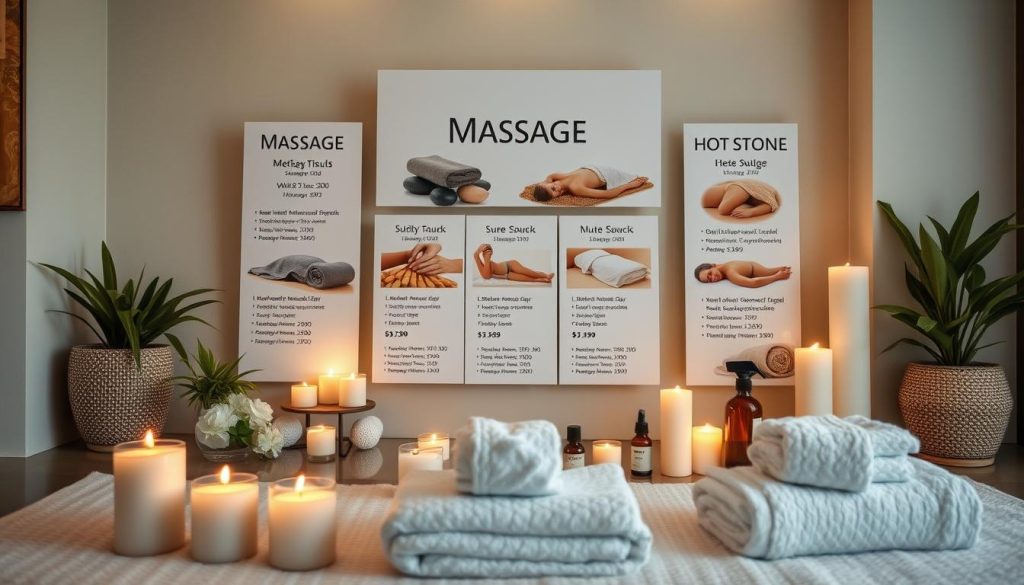 A serene, spa-like setting with an array of massage options and pricing displayed on clean, modern signage. The foreground features neatly arranged candles, towels, and massage oils, conveying a sense of tranquility and care. The middle ground showcases various massage modalities, such as deep tissue, Swedish, and hot stone, each with their corresponding prices. The background depicts a calming, neutral-toned ambiance with natural elements like potted plants and soothing lighting, creating an inviting and relaxing atmosphere. The overall composition should evoke a high-quality, affordable, and professional massage experience in Kadıköy. A serene, spa-like setting with an array of massage options and pricing displayed on clean, modern signage. The foreground features neatly arranged candles, towels, and massage oils, conveying a sense of tranquility and care. The middle ground showcases various massage modalities, such as deep tissue, Swedish, and hot stone, each with their corresponding prices. The background depicts a calming, neutral-toned ambiance with natural elements like potted plants and soothing lighting, creating an inviting and relaxing atmosphere. The overall composition should evoke a high-quality, affordable, and professional massage experience in Kadıköy.