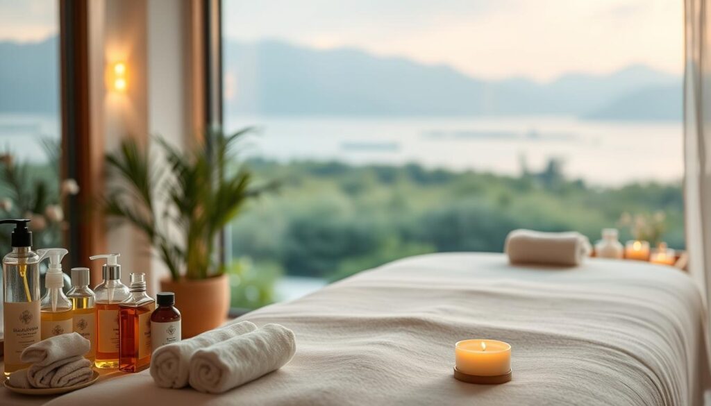 A serene spa-like setting, with soft lighting and calming colors. In the foreground, various massage oils, towels, and relaxation accessories are neatly arranged. The middle ground features a plush massage table, its crisp white linens inviting the viewer to imagine the soothing experience to come. In the background, a tranquil, natural scene unfolds, perhaps a lush garden or a peaceful waterscape, evoking a sense of harmony and well-being. The overall atmosphere is one of tranquility, self-care, and the restorative power of massage. A serene spa-like setting, with soft lighting and calming colors. In the foreground, various massage oils, towels, and relaxation accessories are neatly arranged. The middle ground features a plush massage table, its crisp white linens inviting the viewer to imagine the soothing experience to come. In the background, a tranquil, natural scene unfolds, perhaps a lush garden or a peaceful waterscape, evoking a sense of harmony and well-being. The overall atmosphere is one of tranquility, self-care, and the restorative power of massage.