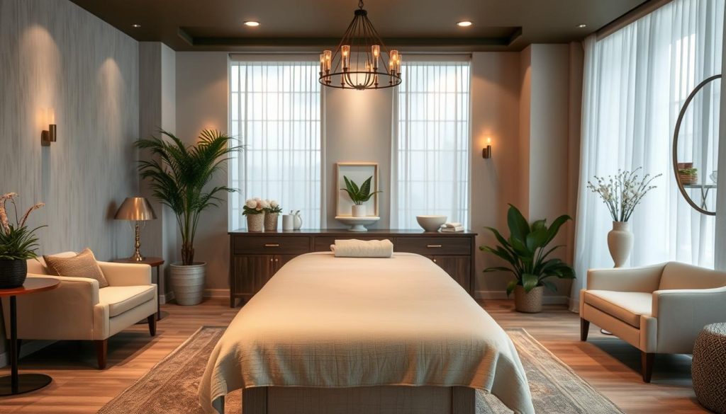 A serene spa-like setting with soft lighting and calming decor. A cozy massage table takes center stage, surrounded by elegant furnishings and lush greenery. The ambiance exudes professionalism and relaxation, inviting the viewer to imagine the experience of a trusted, high-quality massage service. Subtle textures and muted tones create a sophisticated, inviting atmosphere. The overall scene conveys a sense of tranquility and confidence in the quality of the massage center. A serene spa-like setting with soft lighting and calming decor. A cozy massage table takes center stage, surrounded by elegant furnishings and lush greenery. The ambiance exudes professionalism and relaxation, inviting the viewer to imagine the experience of a trusted, high-quality massage service. Subtle textures and muted tones create a sophisticated, inviting atmosphere. The overall scene conveys a sense of tranquility and confidence in the quality of the massage center.