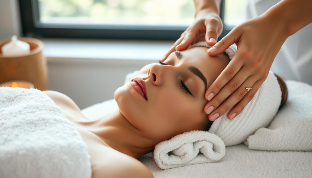 A serene, spa-like setting with soft natural lighting, featuring a woman's face resting on a plush white towel, her eyes closed in peaceful relaxation. The scene showcases a soothing facial massage technique, with elegant hands gently kneading the contours of her skin, promoting a sense of rejuvenation and radiance. The background is a tranquil, minimalist environment, accentuating the calming atmosphere. The overall composition conveys a harmonious, self-care experience that can be replicated in the comfort of one's own home. A serene, spa-like setting with soft natural lighting, featuring a woman's face resting on a plush white towel, her eyes closed in peaceful relaxation. The scene showcases a soothing facial massage technique, with elegant hands gently kneading the contours of her skin, promoting a sense of rejuvenation and radiance. The background is a tranquil, minimalist environment, accentuating the calming atmosphere. The overall composition conveys a harmonious, self-care experience that can be replicated in the comfort of one's own home.