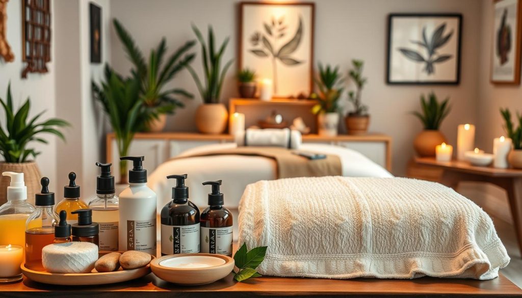 A serene spa-like setting with various massage modalities on display. In the foreground, an array of massage oils, lotions, and tools arranged artfully. In the middle ground, a cozy massage table draped with a soft, plush towel, bathed in warm, gentle lighting. In the background, calming decor such as potted plants, candles, and soothing wall art create a tranquil, inviting atmosphere. The composition conveys a sense of relaxation and wellness, reflecting the diverse massage options available in Kadıköy. A serene spa-like setting with various massage modalities on display. In the foreground, an array of massage oils, lotions, and tools arranged artfully. In the middle ground, a cozy massage table draped with a soft, plush towel, bathed in warm, gentle lighting. In the background, calming decor such as potted plants, candles, and soothing wall art create a tranquil, inviting atmosphere. The composition conveys a sense of relaxation and wellness, reflecting the diverse massage options available in Kadıköy.