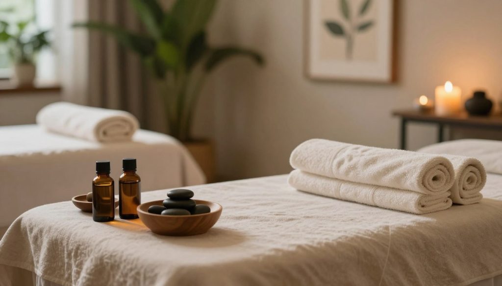 A serene spa preparation scene showcasing essential items for a massage session. In the foreground, a beautifully arranged spa table with soft, inviting linens, a bowl of aromatic essential oils, and fresh towels neatly folded. In the middle ground, a tranquil space featuring a gently lit candle and soothing stones placed gracefully on a small wooden rack. The background reveals a softly lit room adorned with lush green plants and calming art, enhancing the sense of relaxation. The lighting is warm and ambient, creating a peaceful atmosphere. The overall mood reflects tranquility and readiness, perfect for someone preparing for a massage. No people are present, maintaining a serene, private setting. A serene spa preparation scene showcasing essential items for a massage session. In the foreground, a beautifully arranged spa table with soft, inviting linens, a bowl of aromatic essential oils, and fresh towels neatly folded. In the middle ground, a tranquil space featuring a gently lit candle and soothing stones placed gracefully on a small wooden rack. The background reveals a softly lit room adorned with lush green plants and calming art, enhancing the sense of relaxation. The lighting is warm and ambient, creating a peaceful atmosphere. The overall mood reflects tranquility and readiness, perfect for someone preparing for a massage. No people are present, maintaining a serene, private setting.
