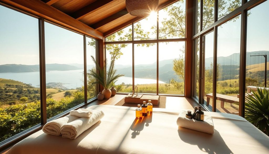 A serene spa retreat nestled amidst lush, verdant landscapes. Sunlight filters through large windows, casting a warm, soothing glow across the tranquil space. In the foreground, a luxurious massage table awaits, its crisp, white linens inviting relaxation. Plush towels and soothing oil bottles are artfully arranged, hinting at the restorative treatments to come. The middle ground features a cozy, yet minimalist seating area, where guests can unwind and sip herbal teas. In the background, a wall of floor-to-ceiling windows offers panoramic views of rolling hills and a distant, shimmering lake. The overall atmosphere exudes a sense of calming, holistic wellness, perfectly capturing the "Wellness Tatilinin Sağlık Üzerine Etkileri". A serene spa retreat nestled amidst lush, verdant landscapes. Sunlight filters through large windows, casting a warm, soothing glow across the tranquil space. In the foreground, a luxurious massage table awaits, its crisp, white linens inviting relaxation. Plush towels and soothing oil bottles are artfully arranged, hinting at the restorative treatments to come. The middle ground features a cozy, yet minimalist seating area, where guests can unwind and sip herbal teas. In the background, a wall of floor-to-ceiling windows offers panoramic views of rolling hills and a distant, shimmering lake. The overall atmosphere exudes a sense of calming, holistic wellness, perfectly capturing the "Wellness Tatilinin Sağlık Üzerine Etkileri".
