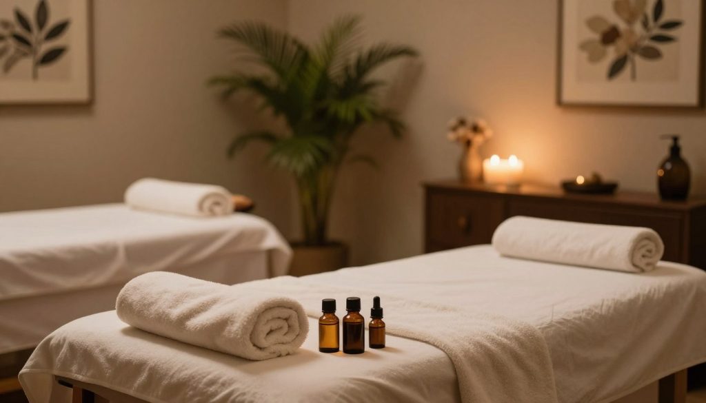 A serene spa setting featuring a beautifully arranged massage room. In the foreground, a neatly made massage table adorned with soft, fluffy towels and calming essential oils, evoking a sense of tranquility. The middle ground showcases a soothing ambiance, with dim lighting and soft, warm hues emanating from candles and gentle lamps. In the background, there are lush green plants and calming artwork on the walls, enhancing the peaceful atmosphere. The overall lighting is soft and inviting, creating a mood of relaxation and comfort. The composition emphasizes a welcoming environment for first-time massage guests, capturing the essence of professional wellness and self-care without depicting any human figures. A serene spa setting featuring a beautifully arranged massage room. In the foreground, a neatly made massage table adorned with soft, fluffy towels and calming essential oils, evoking a sense of tranquility. The middle ground showcases a soothing ambiance, with dim lighting and soft, warm hues emanating from candles and gentle lamps. In the background, there are lush green plants and calming artwork on the walls, enhancing the peaceful atmosphere. The overall lighting is soft and inviting, creating a mood of relaxation and comfort. The composition emphasizes a welcoming environment for first-time massage guests, capturing the essence of professional wellness and self-care without depicting any human figures.