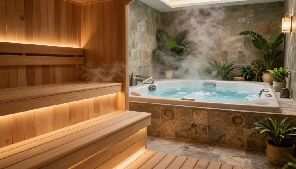 A serene spa setting featuring a luxurious sauna and steam room, designed for relaxation and wellness. In the foreground, a beautiful wooden sauna with soft, indirect lighting emanating a warm glow, steam gently rising from inside. The middle ground showcases a relaxing jacuzzi filled with clear, bubbling water, surrounded by smooth stone tiles and lush green plants, creating a tranquil atmosphere. In the background, soft ambient lighting highlights the calming decor and finishes, enhancing the serene vibe. The scene should evoke a feeling of peace and rejuvenation, inviting viewers to imagine themselves indulging in a wellness retreat. The image should be rich in textures, emphasizing warmth and relaxation without any human presence. A serene spa setting featuring a luxurious sauna and steam room, designed for relaxation and wellness. In the foreground, a beautiful wooden sauna with soft, indirect lighting emanating a warm glow, steam gently rising from inside. The middle ground showcases a relaxing jacuzzi filled with clear, bubbling water, surrounded by smooth stone tiles and lush green plants, creating a tranquil atmosphere. In the background, soft ambient lighting highlights the calming decor and finishes, enhancing the serene vibe. The scene should evoke a feeling of peace and rejuvenation, inviting viewers to imagine themselves indulging in a wellness retreat. The image should be rich in textures, emphasizing warmth and relaxation without any human presence.