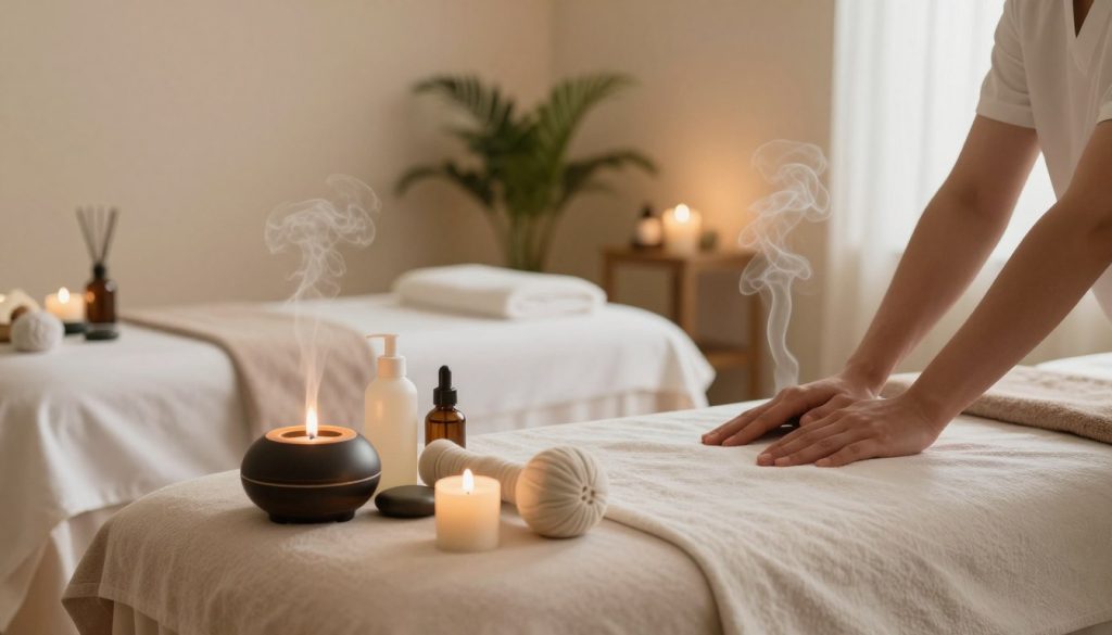 A serene spa setting showcasing various massage techniques suitable for MS patients. In the foreground, a detailed massage table with soft, neutral-colored linens and a soothing essential oil diffuser emitting a gentle mist. The middle layer features an array of massage tools, such as smooth stones, a massage ball, and soothing lotions. In the background, a tranquil room decorated with calming plants, soft lighting, and minimalist decor that induces relaxation. The lighting is warm and inviting, creating a peaceful ambiance. The overall atmosphere is calm and restorative, emphasizing care and comfort, with no human figures present, allowing focus on the massage environment and tools. A serene spa setting showcasing various massage techniques suitable for MS patients. In the foreground, a detailed massage table with soft, neutral-colored linens and a soothing essential oil diffuser emitting a gentle mist. The middle layer features an array of massage tools, such as smooth stones, a massage ball, and soothing lotions. In the background, a tranquil room decorated with calming plants, soft lighting, and minimalist decor that induces relaxation. The lighting is warm and inviting, creating a peaceful ambiance. The overall atmosphere is calm and restorative, emphasizing care and comfort, with no human figures present, allowing focus on the massage environment and tools.