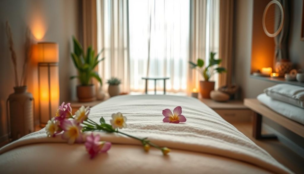 A serene spa setting, with a focus on wellness and massage experiences. The foreground features a plush massage table adorned with fresh flowers and soft linens, inviting the viewer to indulge in a rejuvenating treatment. The middle ground showcases a tranquil indoor environment, with warm lighting filtering through sheer curtains, creating a calming ambiance. In the background, subtle elements of nature, such as potted plants and natural stone accents, complement the overall spa-like atmosphere. The scene exudes a sense of relaxation and harmony, perfectly capturing the essence of the "Spa Wellness ve Masaj Deneyimleri" section. A serene spa setting, with a focus on wellness and massage experiences. The foreground features a plush massage table adorned with fresh flowers and soft linens, inviting the viewer to indulge in a rejuvenating treatment. The middle ground showcases a tranquil indoor environment, with warm lighting filtering through sheer curtains, creating a calming ambiance. In the background, subtle elements of nature, such as potted plants and natural stone accents, complement the overall spa-like atmosphere. The scene exudes a sense of relaxation and harmony, perfectly capturing the essence of the "Spa Wellness ve Masaj Deneyimleri" section.