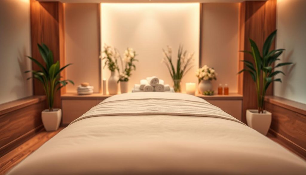 A serene spa setting with a plush massage table taking center stage. Warm, diffused lighting casts a soothing glow, highlighting the smooth, polished wood accents. In the background, lush, verdant plants and delicate floral arrangements create a tranquil, natural ambiance. Calming fragrances of essential oils fill the air, setting the stage for a rejuvenating and indulgent massage experience. The table is draped with soft, luxurious linens, inviting the viewer to imagine the relaxing kese massage ritual unfolding. An atmosphere of absolute calm and tranquility pervades the scene, conveying the essence of a restorative Istanbul massage retreat. A serene spa setting with a plush massage table taking center stage. Warm, diffused lighting casts a soothing glow, highlighting the smooth, polished wood accents. In the background, lush, verdant plants and delicate floral arrangements create a tranquil, natural ambiance. Calming fragrances of essential oils fill the air, setting the stage for a rejuvenating and indulgent massage experience. The table is draped with soft, luxurious linens, inviting the viewer to imagine the relaxing kese massage ritual unfolding. An atmosphere of absolute calm and tranquility pervades the scene, conveying the essence of a restorative Istanbul massage retreat.
