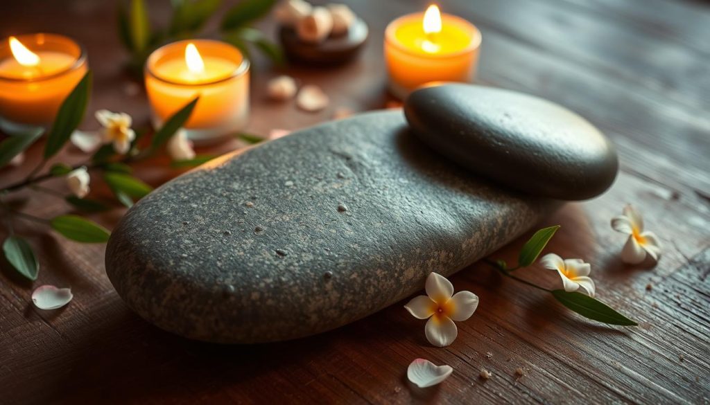 A serene spa setting with a smooth, flat river stone resting on a wooden surface, gently illuminated by soft, warm lighting. The stone is surrounded by aromatic candles, fresh green leaves, and delicate flower petals, creating a calming and soothing atmosphere. The scene evokes a sense of tranquility, inviting the viewer to imagine the therapeutic benefits of a hot stone massage infused with natural essential oils, providing a rejuvenating and restorative experience for the body and mind. A serene spa setting with a smooth, flat river stone resting on a wooden surface, gently illuminated by soft, warm lighting. The stone is surrounded by aromatic candles, fresh green leaves, and delicate flower petals, creating a calming and soothing atmosphere. The scene evokes a sense of tranquility, inviting the viewer to imagine the therapeutic benefits of a hot stone massage infused with natural essential oils, providing a rejuvenating and restorative experience for the body and mind.