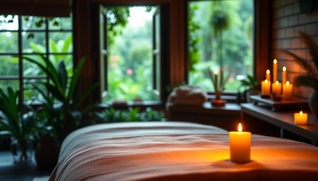 A serene spa setting with a tranquil massage table in the foreground, surrounded by lush greenery and natural elements. Soft lighting creates a relaxing ambiance, casting warm shadows and highlights on the smooth wooden surfaces. Aromatherapy candles flicker gently, their soothing scents wafting through the air. In the background, a picturesque window frames a view of a peaceful garden, conveying a sense of harmony and well-being. The overall composition evokes a holistic, therapeutic experience that showcases the health benefits of spa and massage treatments. A serene spa setting with a tranquil massage table in the foreground, surrounded by lush greenery and natural elements. Soft lighting creates a relaxing ambiance, casting warm shadows and highlights on the smooth wooden surfaces. Aromatherapy candles flicker gently, their soothing scents wafting through the air. In the background, a picturesque window frames a view of a peaceful garden, conveying a sense of harmony and well-being. The overall composition evokes a holistic, therapeutic experience that showcases the health benefits of spa and massage treatments.