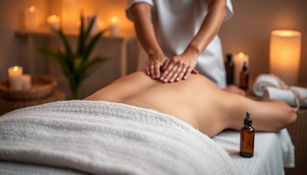 A serene spa setting, with a tranquil massage therapist's hands delicately kneading the tense muscles of a client's back. Warm, diffused lighting casts a soothing glow, creating an atmosphere of relaxation. The masseuse's deft touch gradually releases the client's built-up stress, visibly melting away the strain. Soft, plush towels adorn the massage table, while calming aromatherapy oils linger in the air. A sense of stillness and mindfulness pervades the scene, capturing the therapeutic power of touch to alleviate tension and restore balance. A serene spa setting, with a tranquil massage therapist's hands delicately kneading the tense muscles of a client's back. Warm, diffused lighting casts a soothing glow, creating an atmosphere of relaxation. The masseuse's deft touch gradually releases the client's built-up stress, visibly melting away the strain. Soft, plush towels adorn the massage table, while calming aromatherapy oils linger in the air. A sense of stillness and mindfulness pervades the scene, capturing the therapeutic power of touch to alleviate tension and restore balance.