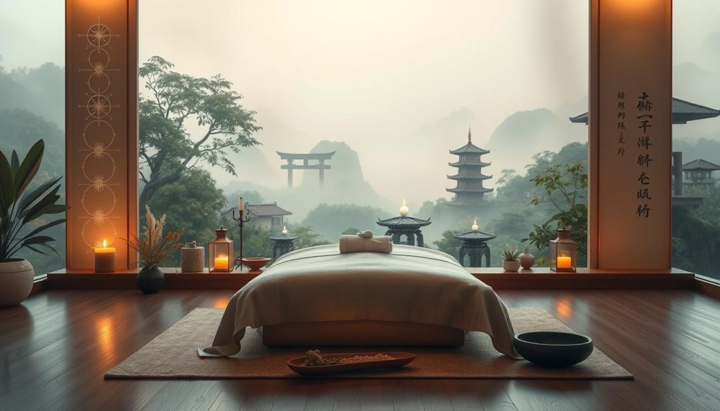 A serene spa setting with a warm, diffused lighting illuminating the calming energy points, delicate meridian lines, and intricate acupuncture needles arranged in a harmonious display. In the middle ground, a tranquil shiatsu massage table surrounded by soothing incense, therapeutic herbs, and the subtle elements of reiki healing. The background features a serene, traditional Asian-inspired landscape with lush foliage, pagodas, and a calming, mist-shrouded atmosphere, evoking the ancient wisdom and holistic philosophy of Eastern wellness practices. A serene spa setting with a warm, diffused lighting illuminating the calming energy points, delicate meridian lines, and intricate acupuncture needles arranged in a harmonious display. In the middle ground, a tranquil shiatsu massage table surrounded by soothing incense, therapeutic herbs, and the subtle elements of reiki healing. The background features a serene, traditional Asian-inspired landscape with lush foliage, pagodas, and a calming, mist-shrouded atmosphere, evoking the ancient wisdom and holistic philosophy of Eastern wellness practices.