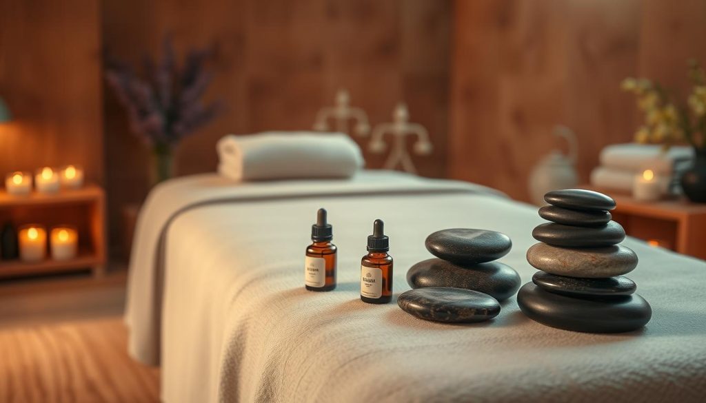 A serene spa setting with a wooden massage table, draped in soft linens, bathed in warm, diffused lighting. On the table, an array of fragrant essential oils, candles, and smooth river stones await. The air is filled with the soothing aroma of lavender, bergamot, and ylang-ylang, creating a calming, meditative atmosphere. The scene evokes a sense of tranquility and rejuvenation, inviting the viewer to imagine the luxurious experience of an aromatherapy massage. A serene spa setting with a wooden massage table, draped in soft linens, bathed in warm, diffused lighting. On the table, an array of fragrant essential oils, candles, and smooth river stones await. The air is filled with the soothing aroma of lavender, bergamot, and ylang-ylang, creating a calming, meditative atmosphere. The scene evokes a sense of tranquility and rejuvenation, inviting the viewer to imagine the luxurious experience of an aromatherapy massage.