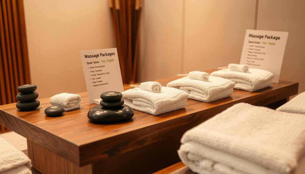 A serene spa setting with an array of massage packages arranged on a wooden table. Soft lighting casts a warm glow, accentuating the textures of natural materials like stone, bamboo, and plush towels. Minimalist signage displays the pricing and service details in a clean, modern typeface. The scene conveys a sense of tranquility and attentive care, inviting the viewer to imagine the restorative experience of the featured massage treatments. A serene spa setting with an array of massage packages arranged on a wooden table. Soft lighting casts a warm glow, accentuating the textures of natural materials like stone, bamboo, and plush towels. Minimalist signage displays the pricing and service details in a clean, modern typeface. The scene conveys a sense of tranquility and attentive care, inviting the viewer to imagine the restorative experience of the featured massage treatments.