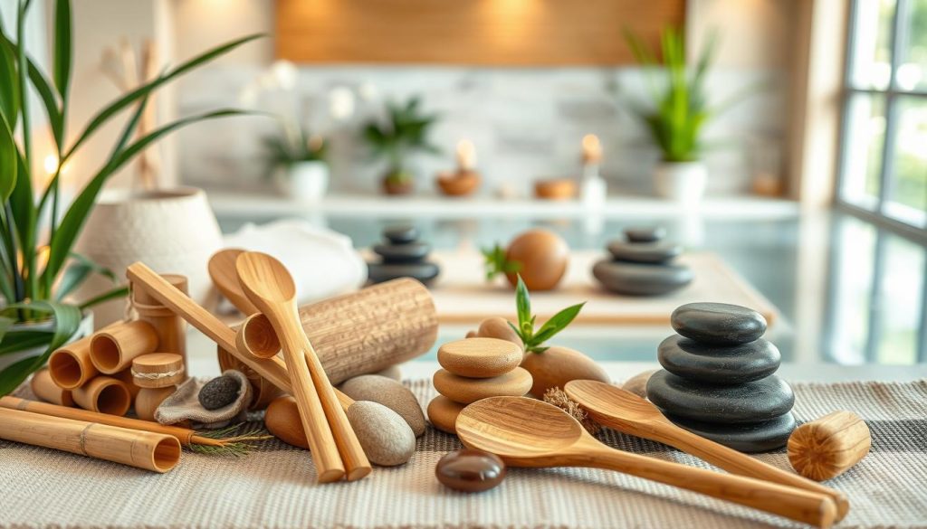 A serene spa setting with an array of massage tools and techniques. The foreground features a collection of natural massage implements like bamboo, river stones, and wooden utensils arranged artfully. The middle ground showcases a tranquil scene of various massage modalities, such as Swedish, deep tissue, hot stone, and aromatherapy. The background depicts a calming, spa-like environment with soft lighting, plants, and natural textures. The overall mood is one of relaxation, wellness, and the art of therapeutic touch. The image should convey the essence of the most popular massage techniques learned from skilled masseuses. A serene spa setting with an array of massage tools and techniques. The foreground features a collection of natural massage implements like bamboo, river stones, and wooden utensils arranged artfully. The middle ground showcases a tranquil scene of various massage modalities, such as Swedish, deep tissue, hot stone, and aromatherapy. The background depicts a calming, spa-like environment with soft lighting, plants, and natural textures. The overall mood is one of relaxation, wellness, and the art of therapeutic touch. The image should convey the essence of the most popular massage techniques learned from skilled masseuses.