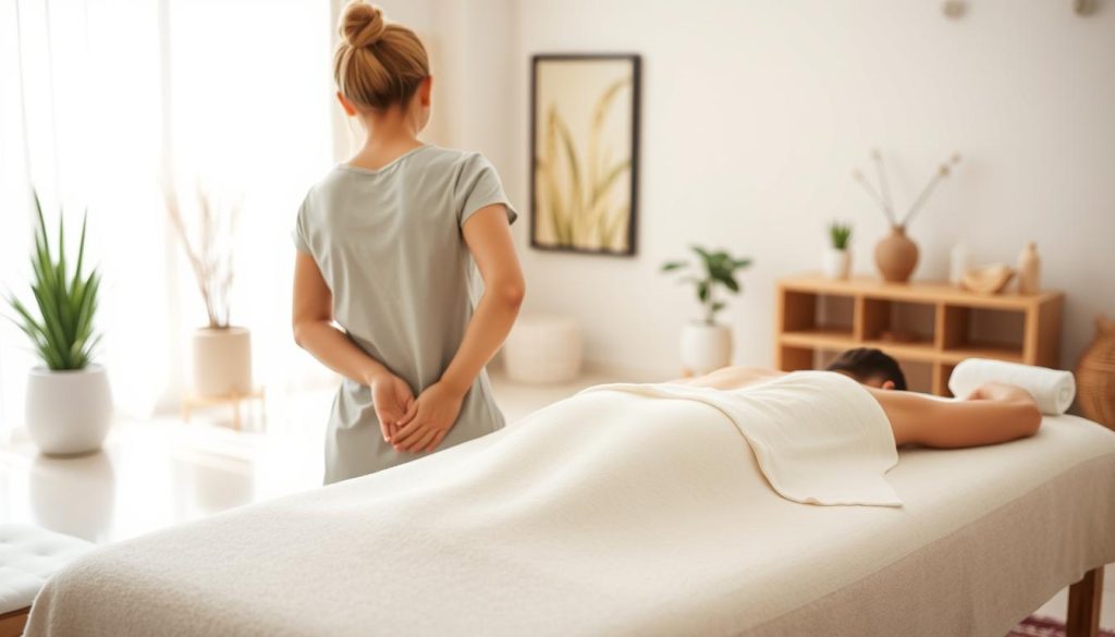 A serene spa setting with natural lighting and soothing ambiance. The foreground features a female massage therapist, her hands skillfully kneading the back of a relaxed client on a plush massage table. The middle ground showcases the tranquil, minimalist decor of the spa, with potted plants, subtle artwork, and soft, warm tones. The background gently blurs, creating a sense of peaceful isolation. The overall mood is one of relaxation, comfort, and the expertise of the female massage therapist. A serene spa setting with natural lighting and soothing ambiance. The foreground features a female massage therapist, her hands skillfully kneading the back of a relaxed client on a plush massage table. The middle ground showcases the tranquil, minimalist decor of the spa, with potted plants, subtle artwork, and soft, warm tones. The background gently blurs, creating a sense of peaceful isolation. The overall mood is one of relaxation, comfort, and the expertise of the female massage therapist.