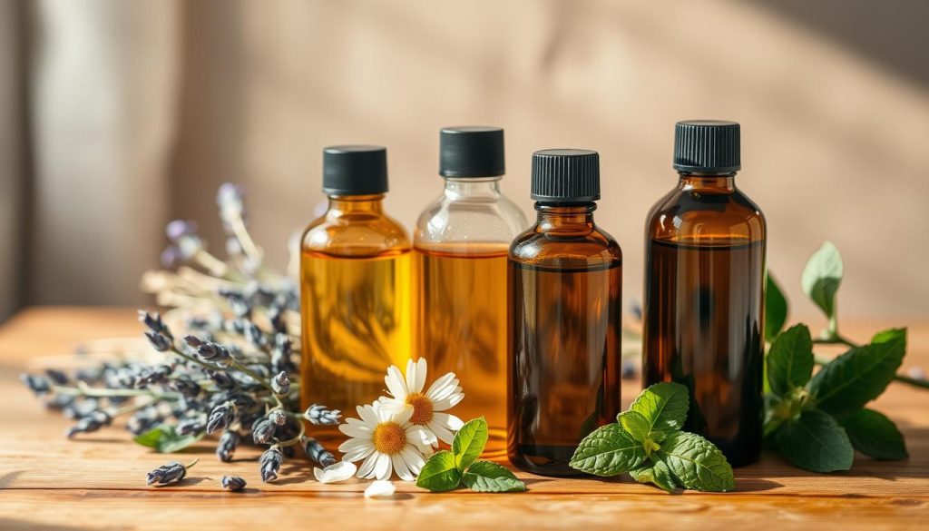 A serene still life arrangement showcasing an assortment of aromatherapy oils in glass bottles. The bottles are positioned on a wooden surface, with dried lavender sprigs, chamomile flowers, and fresh mint leaves scattered around them. Soft, natural lighting filters through the scene, creating a warm, soothing atmosphere. The overall composition evokes a sense of tranquility and the therapeutic benefits of essential oils. The image should have a high level of detail, with a focus on the textures and colors of the natural elements. A serene still life arrangement showcasing an assortment of aromatherapy oils in glass bottles. The bottles are positioned on a wooden surface, with dried lavender sprigs, chamomile flowers, and fresh mint leaves scattered around them. Soft, natural lighting filters through the scene, creating a warm, soothing atmosphere. The overall composition evokes a sense of tranquility and the therapeutic benefits of essential oils. The image should have a high level of detail, with a focus on the textures and colors of the natural elements.