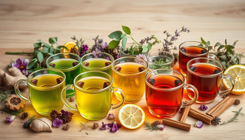 A serene still life composition showcasing an array of aromatic herbal teas. In the foreground, an assortment of glass teacups and infusers filled with vibrant green, red, and amber liquid extracts from various medicinal plants. Surrounding the cups, a collection of fresh herbs, dried flowers, and botanical elements such as ginger, lemon slices, and cinnamon sticks, create a soothing, natural atmosphere. The middle ground features a smooth, polished wooden surface, acting as a neutral backdrop to highlight the organic textures and colors of the tea ingredients. Soft, diffused lighting from above casts gentle shadows, emphasizing the delicate, earthy tones. The overall scene conveys a sense of tranquility and wellness, perfectly capturing the essence of "su ve bitki çayları" as a natural solution for edema and circulation issues. A serene still life composition showcasing an array of aromatic herbal teas. In the foreground, an assortment of glass teacups and infusers filled with vibrant green, red, and amber liquid extracts from various medicinal plants. Surrounding the cups, a collection of fresh herbs, dried flowers, and botanical elements such as ginger, lemon slices, and cinnamon sticks, create a soothing, natural atmosphere. The middle ground features a smooth, polished wooden surface, acting as a neutral backdrop to highlight the organic textures and colors of the tea ingredients. Soft, diffused lighting from above casts gentle shadows, emphasizing the delicate, earthy tones. The overall scene conveys a sense of tranquility and wellness, perfectly capturing the essence of "su ve bitki çayları" as a natural solution for edema and circulation issues.