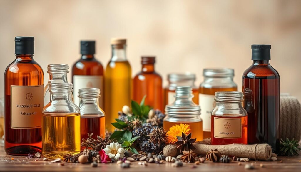 A serene still life composition showcasing an array of aromatic massage oils in various bottles and jars. The foreground features glass containers filled with richly colored liquids, their labels prominently displayed. In the middle ground, a selection of fragrant dried herbs, flowers, and spices are artfully arranged, hinting at the natural ingredients within the oils. The background softly blurs, creating a sense of depth and focus on the central elements. Warm, diffused lighting gently illuminates the scene, evoking a calming, spa-like atmosphere. The overall composition emphasizes the purity, quality, and therapeutic properties of the massage oils, inviting the viewer to experience their restorative benefits. A serene still life composition showcasing an array of aromatic massage oils in various bottles and jars. The foreground features glass containers filled with richly colored liquids, their labels prominently displayed. In the middle ground, a selection of fragrant dried herbs, flowers, and spices are artfully arranged, hinting at the natural ingredients within the oils. The background softly blurs, creating a sense of depth and focus on the central elements. Warm, diffused lighting gently illuminates the scene, evoking a calming, spa-like atmosphere. The overall composition emphasizes the purity, quality, and therapeutic properties of the massage oils, inviting the viewer to experience their restorative benefits.
