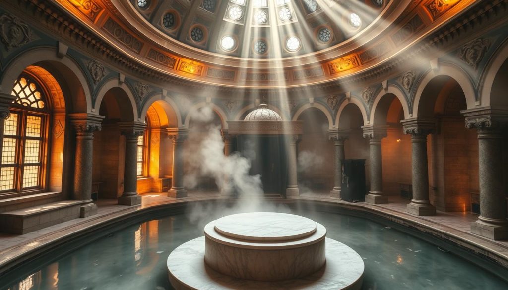 A serene, traditional Turkish bathhouse nestled in the heart of historic Istanbul. A majestic, domed structure with intricate stonework and warm, amber lighting. Sunlight filters through ornate windows, casting a soft, golden glow across the grand, central marble plinth. Steaming pools and tranquil alcoves invite visitors to unwind and immerse themselves in the timeless, relaxing ambiance. Ornate, carved ceilings and ornamental arches frame the scene, transporting one to a bygone era of Ottoman opulence. The hushed, meditative atmosphere and soothing, moist heat evoke a sense of timeless tradition and rejuvenation. A serene, traditional Turkish bathhouse nestled in the heart of historic Istanbul. A majestic, domed structure with intricate stonework and warm, amber lighting. Sunlight filters through ornate windows, casting a soft, golden glow across the grand, central marble plinth. Steaming pools and tranquil alcoves invite visitors to unwind and immerse themselves in the timeless, relaxing ambiance. Ornate, carved ceilings and ornamental arches frame the scene, transporting one to a bygone era of Ottoman opulence. The hushed, meditative atmosphere and soothing, moist heat evoke a sense of timeless tradition and rejuvenation.