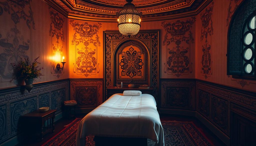 A serene, traditional Turkish massage room in Istanbul, with warm, muted lighting casting a soft glow. Intricate, ornate patterns adorn the walls, reflecting the rich cultural heritage. A plush, velvety massage table stands in the center, inviting the viewer to imagine the restorative experience. The room is filled with the aroma of fragrant oils and the peaceful ambiance of a bygone era. The scene evokes a sense of timeless tranquility, showcasing the centuries-old massage traditions that have flourished in this vibrant city. A serene, traditional Turkish massage room in Istanbul, with warm, muted lighting casting a soft glow. Intricate, ornate patterns adorn the walls, reflecting the rich cultural heritage. A plush, velvety massage table stands in the center, inviting the viewer to imagine the restorative experience. The room is filled with the aroma of fragrant oils and the peaceful ambiance of a bygone era. The scene evokes a sense of timeless tranquility, showcasing the centuries-old massage traditions that have flourished in this vibrant city.