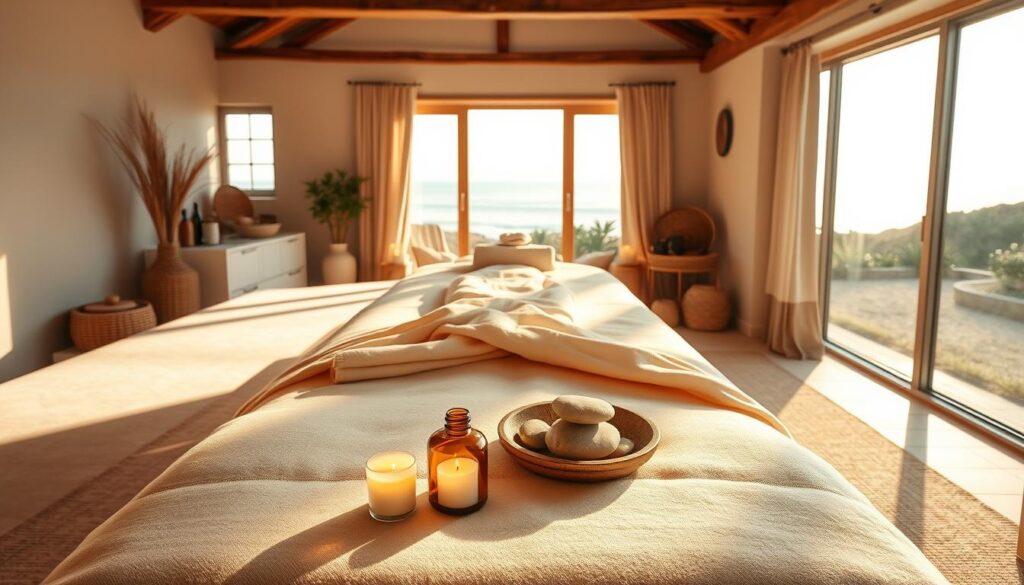 A serene, tranquil massage therapy setting with an array of soothing elements. The foreground features a plush massage table draped in soft, luxurious linens, bathed in warm, diffused lighting. Surrounding the table, an assortment of holistic wellness items such as fragrant candles, aromatic essential oils, and a bowl of smooth river stones. The middle ground showcases a calming, minimalist interior with muted tones and natural textures, like exposed wood beams and woven baskets. In the background, a panoramic view of a peaceful, sun-dappled landscape, perhaps a serene garden or a tranquil seascape, creating a sense of escape and relaxation. A serene, tranquil massage therapy setting with an array of soothing elements. The foreground features a plush massage table draped in soft, luxurious linens, bathed in warm, diffused lighting. Surrounding the table, an assortment of holistic wellness items such as fragrant candles, aromatic essential oils, and a bowl of smooth river stones. The middle ground showcases a calming, minimalist interior with muted tones and natural textures, like exposed wood beams and woven baskets. In the background, a panoramic view of a peaceful, sun-dappled landscape, perhaps a serene garden or a tranquil seascape, creating a sense of escape and relaxation.