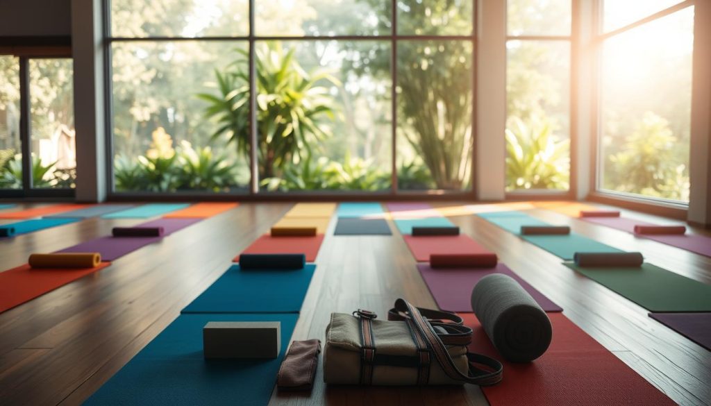 A serene, tranquil scene of a yoga studio filled with natural light. Rows of colorful yoga mats line the wooden floor, leading the eye towards a wall of large windows overlooking a lush, verdant garden. Soft, diffused lighting filters in, casting a warm, calming glow over the space. In the foreground, a collection of yoga props - blocks, straps, and bolsters - are neatly arranged, ready to support mindful practice. The atmosphere radiates a sense of balance, flexibility, and inner peace, inviting the viewer to find their own path to relaxation and wellness. A serene, tranquil scene of a yoga studio filled with natural light. Rows of colorful yoga mats line the wooden floor, leading the eye towards a wall of large windows overlooking a lush, verdant garden. Soft, diffused lighting filters in, casting a warm, calming glow over the space. In the foreground, a collection of yoga props - blocks, straps, and bolsters - are neatly arranged, ready to support mindful practice. The atmosphere radiates a sense of balance, flexibility, and inner peace, inviting the viewer to find their own path to relaxation and wellness.