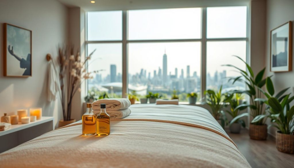 A serene, well-lit massage parlor interior, with soft lighting and clean, inviting surfaces. The foreground showcases neatly folded towels, bottles of massage oil, and a plush, inviting massage table. The middle ground features a large window overlooking a tranquil city skyline, conveying a sense of security and professionalism. The background is filled with lush greenery and calming artwork, creating an atmosphere of hygiene and trustworthiness. The overall scene exudes a calming, spa-like ambiance that reflects the reliability and high-quality service expected in a reputable massage establishment. A serene, well-lit massage parlor interior, with soft lighting and clean, inviting surfaces. The foreground showcases neatly folded towels, bottles of massage oil, and a plush, inviting massage table. The middle ground features a large window overlooking a tranquil city skyline, conveying a sense of security and professionalism. The background is filled with lush greenery and calming artwork, creating an atmosphere of hygiene and trustworthiness. The overall scene exudes a calming, spa-like ambiance that reflects the reliability and high-quality service expected in a reputable massage establishment.