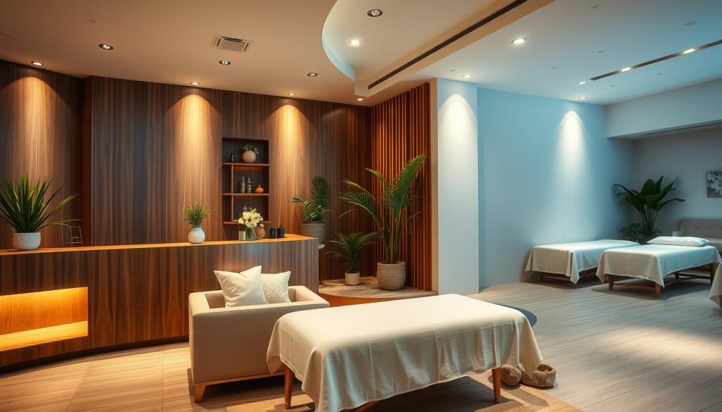 A serene, well-lit massage parlor with a calming, minimalist design. The reception area features elegant wood accents and plush, inviting seating. In the background, soft lighting emanates from recessed fixtures, creating a relaxing ambiance. Tasteful greenery and natural elements, such as potted plants and natural stone, accentuate the space. The massage rooms are spacious, with high-quality massage tables and soothing, neutral-toned decor. The overall atmosphere conveys a sense of professionalism, cleanliness, and attention to detail, reflecting a commitment to providing a hygienic and rejuvenating massage experience. A serene, well-lit massage parlor with a calming, minimalist design. The reception area features elegant wood accents and plush, inviting seating. In the background, soft lighting emanates from recessed fixtures, creating a relaxing ambiance. Tasteful greenery and natural elements, such as potted plants and natural stone, accentuate the space. The massage rooms are spacious, with high-quality massage tables and soothing, neutral-toned decor. The overall atmosphere conveys a sense of professionalism, cleanliness, and attention to detail, reflecting a commitment to providing a hygienic and rejuvenating massage experience.