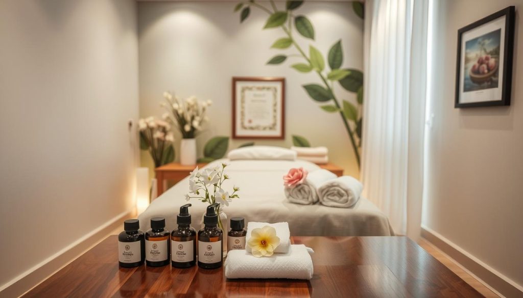 A serene, well-lit massage studio in Kadıköy, featuring a polished wooden table, fresh flowers, and calming neutral tones. In the foreground, a set of massage oils, towels, and other neatly arranged accessories, reflecting a focus on hygiene and professionalism. The middle ground showcases a framed diploma, symbolizing the therapist's educational credentials and expertise. The background depicts a calming, nature-inspired mural, evoking a sense of tranquility and relaxation. The overall scene conveys a high-quality, reputable massage experience tailored to the discerning Kadıköy clientele. A serene, well-lit massage studio in Kadıköy, featuring a polished wooden table, fresh flowers, and calming neutral tones. In the foreground, a set of massage oils, towels, and other neatly arranged accessories, reflecting a focus on hygiene and professionalism. The middle ground showcases a framed diploma, symbolizing the therapist's educational credentials and expertise. The background depicts a calming, nature-inspired mural, evoking a sense of tranquility and relaxation. The overall scene conveys a high-quality, reputable massage experience tailored to the discerning Kadıköy clientele.