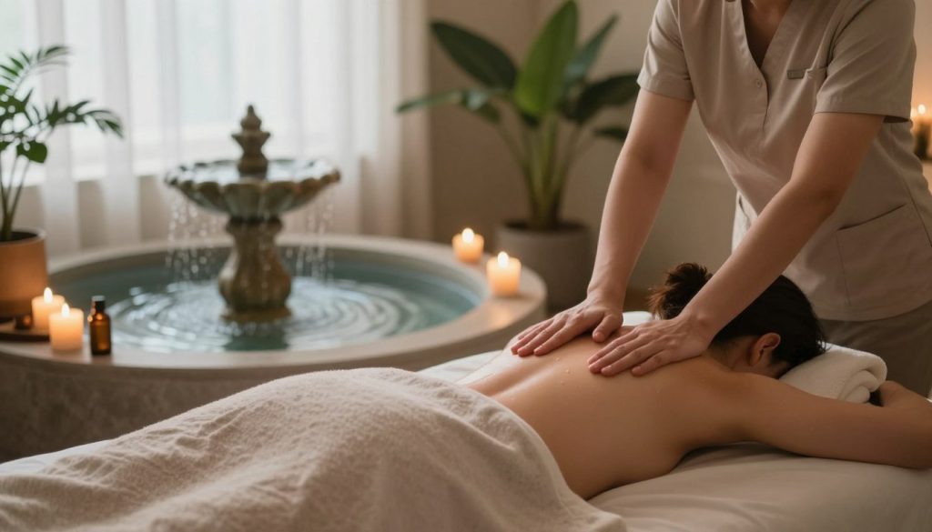 A serene wellness environment showcasing a professional massage treatment setting. In the foreground, a cozy massage table with soft, neutral linens, surrounded by soothing essential oils and candles. The middle ground features a calming water fountain, with gentle ripples creating a relaxing ambiance. In the background, soft green plants and natural light filtering through sheer curtains enhance the atmosphere of tranquility. Warm, inviting lighting casts a soft glow, emphasizing the focus on relaxation and well-being. The overall mood conveys the positive effects of massage on circulation and muscle relaxation, evoking a sense of peace and rejuvenation in this therapeutic space. A serene wellness environment showcasing a professional massage treatment setting. In the foreground, a cozy massage table with soft, neutral linens, surrounded by soothing essential oils and candles. The middle ground features a calming water fountain, with gentle ripples creating a relaxing ambiance. In the background, soft green plants and natural light filtering through sheer curtains enhance the atmosphere of tranquility. Warm, inviting lighting casts a soft glow, emphasizing the focus on relaxation and well-being. The overall mood conveys the positive effects of massage on circulation and muscle relaxation, evoking a sense of peace and rejuvenation in this therapeutic space.