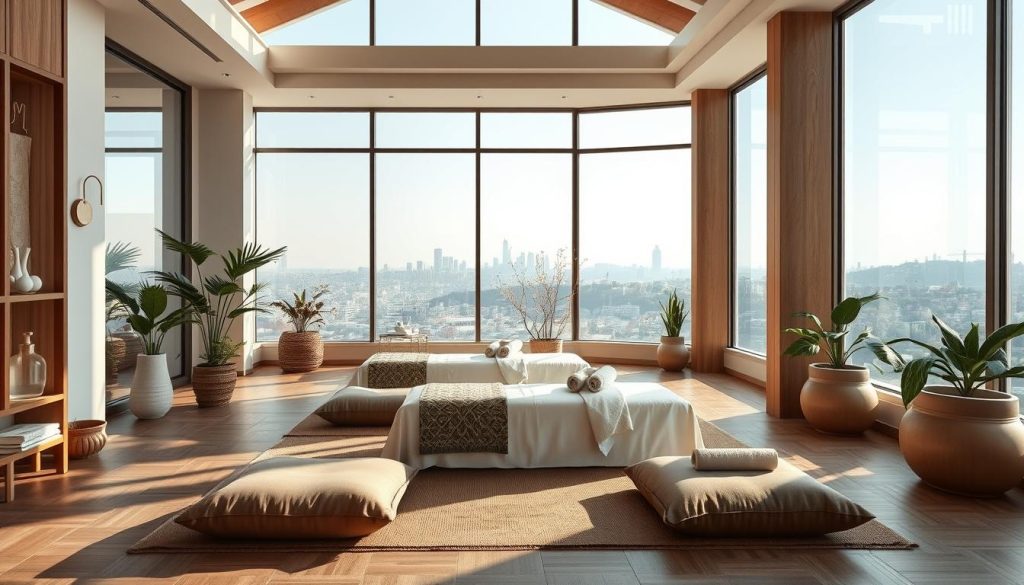 A serene wellness sanctuary in Istanbul, filled with the essence of relaxation. A tranquil space bathed in soft natural light, where massage tables and meditation cushions invite guests to unwind. Calming colors, natural textures, and the soothing scent of aromatherapy oils create an atmosphere of deep peace. Elegant wooden accents and potted plants add a touch of organic elegance, while the background showcases the city skyline, a reminder of the bustling life outside. This holistic wellness oasis offers a range of restorative services, from luxurious facials to rejuvenating body treatments, all designed to alleviate the stresses of the urban professional's daily routine. A serene wellness sanctuary in Istanbul, filled with the essence of relaxation. A tranquil space bathed in soft natural light, where massage tables and meditation cushions invite guests to unwind. Calming colors, natural textures, and the soothing scent of aromatherapy oils create an atmosphere of deep peace. Elegant wooden accents and potted plants add a touch of organic elegance, while the background showcases the city skyline, a reminder of the bustling life outside. This holistic wellness oasis offers a range of restorative services, from luxurious facials to rejuvenating body treatments, all designed to alleviate the stresses of the urban professional's daily routine.