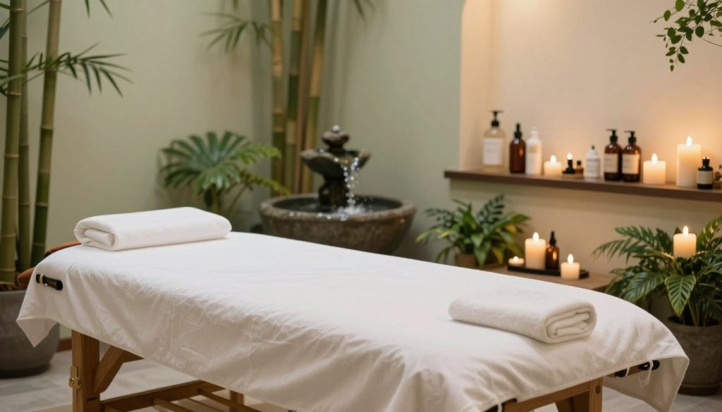 A serene wellness scene depicting a tranquil spa environment focusing on detox and special care treatments. In the foreground, display an elegant wooden massage table adorned with soft, white linens. Surround the table with aromatic candles, lush greenery, and essential oil bottles, enhancing the ambiance. In the middle, present a small fountain or water feature gently cascading, contributing to a calming atmosphere. The background can showcase a softly lit room with soothing colors, decorative elements like bamboo, and an array of natural spa products displayed on shelves. Use soft, warm lighting to evoke a peaceful mood, emphasizing relaxation and rejuvenation. The overall composition should exude a sense of tranquility and self-care, inviting viewers into a rejuvenating experience. A serene wellness scene depicting a tranquil spa environment focusing on detox and special care treatments. In the foreground, display an elegant wooden massage table adorned with soft, white linens. Surround the table with aromatic candles, lush greenery, and essential oil bottles, enhancing the ambiance. In the middle, present a small fountain or water feature gently cascading, contributing to a calming atmosphere. The background can showcase a softly lit room with soothing colors, decorative elements like bamboo, and an array of natural spa products displayed on shelves. Use soft, warm lighting to evoke a peaceful mood, emphasizing relaxation and rejuvenation. The overall composition should exude a sense of tranquility and self-care, inviting viewers into a rejuvenating experience.