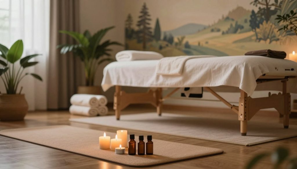 A serene wellness scene illustrating post-massage care and relaxation tips. In the foreground, a soft yoga mat with aromatic candles and essential oil bottles arranged neatly. The middle features a peaceful indoor setting with a plush massage table, fluffy towels stacked nearby, and a potted plant adding a touch of greenery. The background showcases a calming mural of nature, subtly lit by warm, soft lighting that creates a tranquil atmosphere. A gentle breeze suggests open windows, enhancing the feeling of relaxation. The composition captures the essence of self-care and rejuvenation, evoking a sense of peace and well-being. The image is devoid of any human figures or text elements, maintaining a focus on the ambiance of care and comfort. A serene wellness scene illustrating post-massage care and relaxation tips. In the foreground, a soft yoga mat with aromatic candles and essential oil bottles arranged neatly. The middle features a peaceful indoor setting with a plush massage table, fluffy towels stacked nearby, and a potted plant adding a touch of greenery. The background showcases a calming mural of nature, subtly lit by warm, soft lighting that creates a tranquil atmosphere. A gentle breeze suggests open windows, enhancing the feeling of relaxation. The composition captures the essence of self-care and rejuvenation, evoking a sense of peace and well-being. The image is devoid of any human figures or text elements, maintaining a focus on the ambiance of care and comfort.