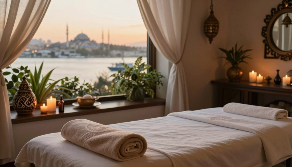 A serene wellness spa setting in Istanbul highlighting boutique massage services. In the foreground, a beautifully arranged massage table with plush towels, aromatic candles, and essential oils, emanating a calming scent. The middle ground features lush greenery, traditional Turkish decor, and gently flowing fabric drapes, enhancing a tranquil atmosphere. The background reveals a window showcasing the iconic Bosphorus skyline, bathed in soft, golden evening light. The scene embodies relaxation, inviting participants to unwind. Capture this tranquil setting with soft, warm lighting and a slightly elevated angle that emphasizes the luxurious and intimate nature of the massage experience. Aim for a soothing color palette with earthy tones for an ideal ambiance. A serene wellness spa setting in Istanbul highlighting boutique massage services. In the foreground, a beautifully arranged massage table with plush towels, aromatic candles, and essential oils, emanating a calming scent. The middle ground features lush greenery, traditional Turkish decor, and gently flowing fabric drapes, enhancing a tranquil atmosphere. The background reveals a window showcasing the iconic Bosphorus skyline, bathed in soft, golden evening light. The scene embodies relaxation, inviting participants to unwind. Capture this tranquil setting with soft, warm lighting and a slightly elevated angle that emphasizes the luxurious and intimate nature of the massage experience. Aim for a soothing color palette with earthy tones for an ideal ambiance.
