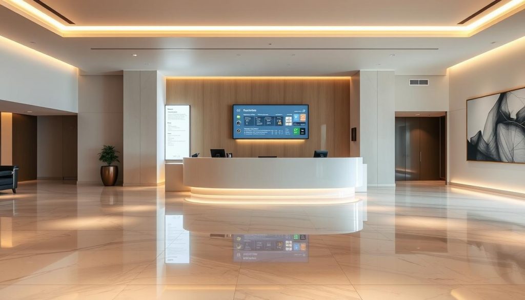 A sleek, modern hotel lobby with a minimalist aesthetic. The floor is made of polished marble, reflecting the warm, indirect lighting that illuminates the space. In the center, a large, curved reception desk stands tall, adorned with clean lines and a glossy finish. Behind the desk, a large digital display showcases reservation information, highlighting the efficiency and speed of the booking process. The walls are lined with subtle, abstract artwork, creating a sense of sophistication and tranquility. The overall atmosphere conveys a seamless, high-quality experience for guests seeking a professional, hassle-free reservation and payment process. A sleek, modern hotel lobby with a minimalist aesthetic. The floor is made of polished marble, reflecting the warm, indirect lighting that illuminates the space. In the center, a large, curved reception desk stands tall, adorned with clean lines and a glossy finish. Behind the desk, a large digital display showcases reservation information, highlighting the efficiency and speed of the booking process. The walls are lined with subtle, abstract artwork, creating a sense of sophistication and tranquility. The overall atmosphere conveys a seamless, high-quality experience for guests seeking a professional, hassle-free reservation and payment process.