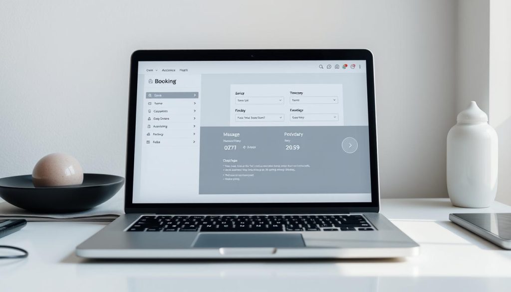 A sleek, modern-looking laptop screen displaying an online booking interface for a massage service. The screen shows a minimalist, user-friendly design with clean lines, muted colors, and intuitive controls. The layout features a calendar, timeslot options, and a smooth booking process. The scene conveys a sense of convenience, efficiency, and professionalism, reflecting the ease of making massage appointments remotely. The laptop is placed on a clutter-free desk, with a subtle background suggesting an upscale, relaxing spa-like environment. A sleek, modern-looking laptop screen displaying an online booking interface for a massage service. The screen shows a minimalist, user-friendly design with clean lines, muted colors, and intuitive controls. The layout features a calendar, timeslot options, and a smooth booking process. The scene conveys a sense of convenience, efficiency, and professionalism, reflecting the ease of making massage appointments remotely. The laptop is placed on a clutter-free desk, with a subtle background suggesting an upscale, relaxing spa-like environment.