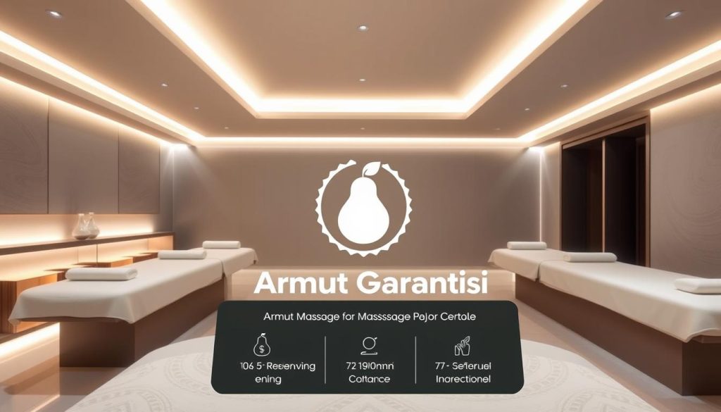 A sleek, modern massage parlor interior with plush, inviting massage tables and soothing ambient lighting. The space exudes a tranquil, relaxing atmosphere, with soft gray and beige tones throughout. In the foreground, a display showcases the "Armut Garantisi" (Pear Guarantee) service, featuring a stylized pear icon and text detailing the reservation and payment options. The background depicts a minimalist, clean design with subtle patterns or textures, conveying a sense of professionalism and attention to detail. The overall image communicates the high-quality, trustworthy massage experience promised by the establishment. A sleek, modern massage parlor interior with plush, inviting massage tables and soothing ambient lighting. The space exudes a tranquil, relaxing atmosphere, with soft gray and beige tones throughout. In the foreground, a display showcases the "Armut Garantisi" (Pear Guarantee) service, featuring a stylized pear icon and text detailing the reservation and payment options. The background depicts a minimalist, clean design with subtle patterns or textures, conveying a sense of professionalism and attention to detail. The overall image communicates the high-quality, trustworthy massage experience promised by the establishment.