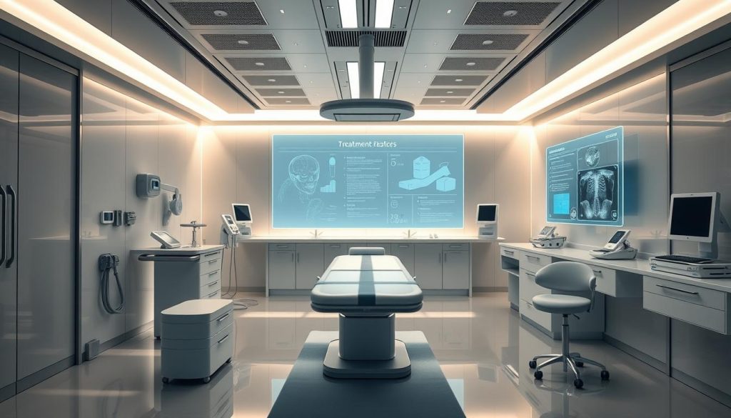 A sleek, modern medical office filled with state-of-the-art equipment. The centerpiece is a high-tech examination table, bathed in soft, directional lighting that casts dramatic shadows. Floating holographic displays show a detailed, personalized treatment plan, tailored to the unique needs of the patient. The room exudes a sense of calm professionalism, with clean lines and minimalist decor that create an atmosphere of personalized, attentive care. The overall impression is one of cutting-edge medical technology seamlessly integrated with a patient-centric approach to healthcare. A sleek, modern medical office filled with state-of-the-art equipment. The centerpiece is a high-tech examination table, bathed in soft, directional lighting that casts dramatic shadows. Floating holographic displays show a detailed, personalized treatment plan, tailored to the unique needs of the patient. The room exudes a sense of calm professionalism, with clean lines and minimalist decor that create an atmosphere of personalized, attentive care. The overall impression is one of cutting-edge medical technology seamlessly integrated with a patient-centric approach to healthcare.