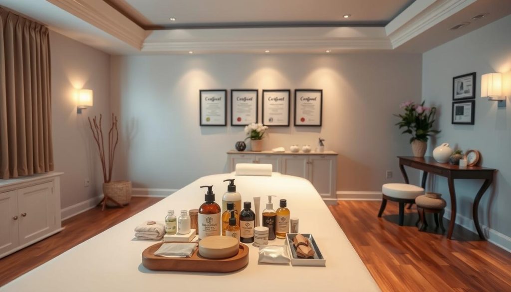 A spacious, well-lit massage studio with elegant, minimalist decor. Soft, diffused lighting casts a warm, soothing glow, highlighting the polished wood floors and neutral-toned walls. In the foreground, an assortment of massage oils, lotions, and tools are neatly arranged on a clean, professional-looking table, conveying a sense of expertise and care. In the background, framed certificates and diplomas hang on the walls, showcasing the masseuse's extensive training and qualifications. The overall atmosphere exudes a tranquil, serene ambiance, instilling a sense of trust and confidence in the viewer. A spacious, well-lit massage studio with elegant, minimalist decor. Soft, diffused lighting casts a warm, soothing glow, highlighting the polished wood floors and neutral-toned walls. In the foreground, an assortment of massage oils, lotions, and tools are neatly arranged on a clean, professional-looking table, conveying a sense of expertise and care. In the background, framed certificates and diplomas hang on the walls, showcasing the masseuse's extensive training and qualifications. The overall atmosphere exudes a tranquil, serene ambiance, instilling a sense of trust and confidence in the viewer.