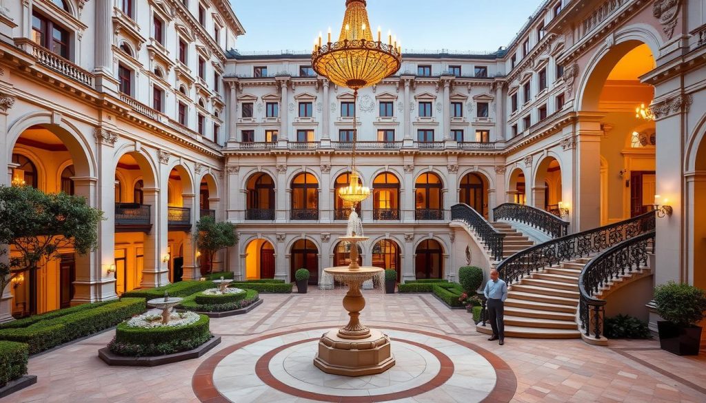 A stately neo-baroque facade adorns the Rixos Pera Istanbul, its ornate columns and arched windows exuding a timeless elegance. The hotel's meticulously manicured courtyard, with its manicured hedges and ornamental fountains, sets the stage for a serene oasis amidst the bustling Beyoğlu district. Sumptuous interiors, bathed in warm golden light from ornate chandeliers, evoke a sense of refined luxury, while the elegant curved staircase leads guests to beautifully appointed rooms. An atmosphere of tranquil sophistication permeates the scene, capturing the essence of classic Istanbul splendor. A stately neo-baroque facade adorns the Rixos Pera Istanbul, its ornate columns and arched windows exuding a timeless elegance. The hotel's meticulously manicured courtyard, with its manicured hedges and ornamental fountains, sets the stage for a serene oasis amidst the bustling Beyoğlu district. Sumptuous interiors, bathed in warm golden light from ornate chandeliers, evoke a sense of refined luxury, while the elegant curved staircase leads guests to beautifully appointed rooms. An atmosphere of tranquil sophistication permeates the scene, capturing the essence of classic Istanbul splendor.
