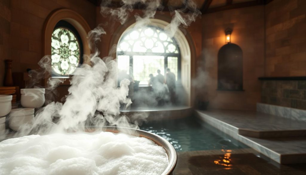 A traditional Turkish bath scene with a steaming wet stone interior, sunlight filtering through ornate windows. In the foreground, a large copper basin filled with sudsy white kese köpük (exfoliating scrub foam). Plumes of aromatic steam rise from the basin, creating a misty, ethereal atmosphere. The middle ground features a curved, tiled arch leading to a warm, humid wet area with glistening, wet surfaces. In the background, a tiled alcove with a marble slab for reclining and relaxation. Soft, warm lighting from overhead fixtures casts a soothing glow throughout the scene, evoking a sense of timeless, luxurious relaxation. A traditional Turkish bath scene with a steaming wet stone interior, sunlight filtering through ornate windows. In the foreground, a large copper basin filled with sudsy white kese köpük (exfoliating scrub foam). Plumes of aromatic steam rise from the basin, creating a misty, ethereal atmosphere. The middle ground features a curved, tiled arch leading to a warm, humid wet area with glistening, wet surfaces. In the background, a tiled alcove with a marble slab for reclining and relaxation. Soft, warm lighting from overhead fixtures casts a soothing glow throughout the scene, evoking a sense of timeless, luxurious relaxation.