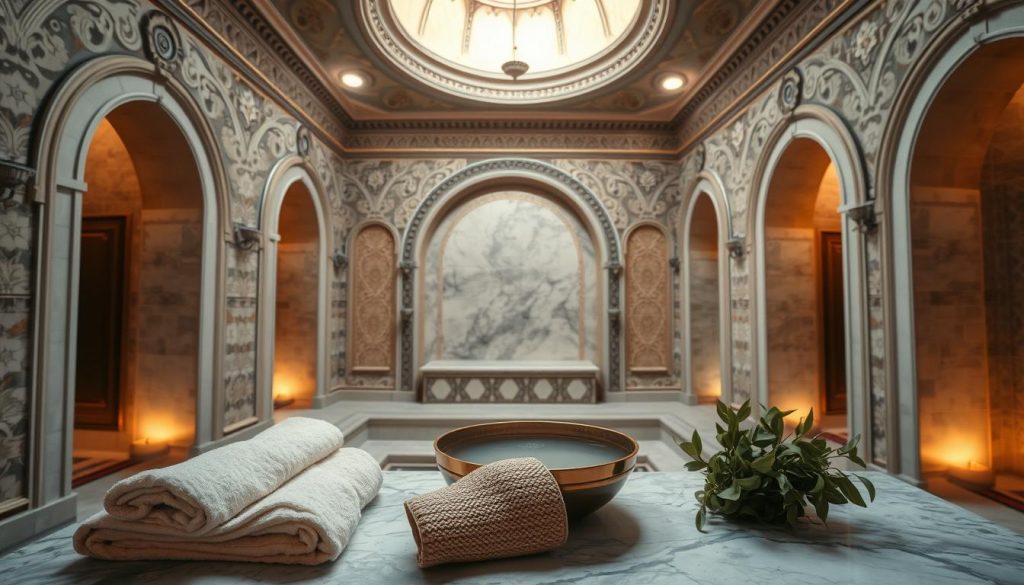 A traditional Turkish hammam interior, with ornate arched doorways, tiled walls, and a central domed ceiling. Warm, muted lighting creates a serene, relaxing atmosphere. In the foreground, a marble slab with a large copper basin, filled with steaming water and aromatic oils. Plush towels, a traditional kese mitt, and a bundle of fragrant eucalyptus leaves are neatly arranged. The middle ground features a recessed alcove with a built-in marble bench, perfect for a rejuvenating massage and body scrub. The background showcases the grand architecture, with intricate tilework and ornate decorative elements, conveying the authentic, centuries-old ambiance of a genuine Turkish bath experience. A traditional Turkish hammam interior, with ornate arched doorways, tiled walls, and a central domed ceiling. Warm, muted lighting creates a serene, relaxing atmosphere. In the foreground, a marble slab with a large copper basin, filled with steaming water and aromatic oils. Plush towels, a traditional kese mitt, and a bundle of fragrant eucalyptus leaves are neatly arranged. The middle ground features a recessed alcove with a built-in marble bench, perfect for a rejuvenating massage and body scrub. The background showcases the grand architecture, with intricate tilework and ornate decorative elements, conveying the authentic, centuries-old ambiance of a genuine Turkish bath experience.