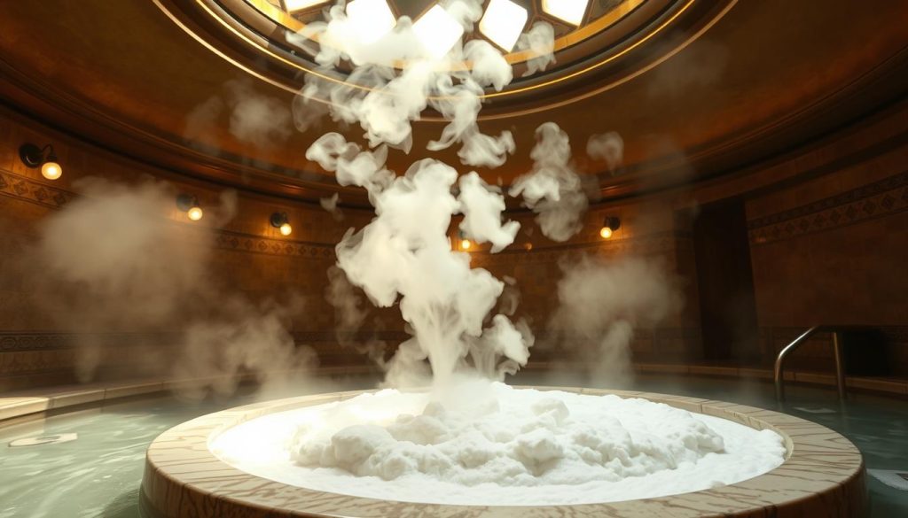A traditional Turkish steam bath scene, with billowing white kese köpük (exfoliating foam) rising from a marble basin. Warm, golden lighting filters through the domed ceiling, casting a serene, historic ambiance. Ornate tiles line the walls, hinting at the timeless elegance of the Ümraniye hamam culture. The steam gently swirls, creating a dreamlike, therapeutic atmosphere, inviting the viewer to experience the time-honored rituals of this ancient bathing tradition. A traditional Turkish steam bath scene, with billowing white kese köpük (exfoliating foam) rising from a marble basin. Warm, golden lighting filters through the domed ceiling, casting a serene, historic ambiance. Ornate tiles line the walls, hinting at the timeless elegance of the Ümraniye hamam culture. The steam gently swirls, creating a dreamlike, therapeutic atmosphere, inviting the viewer to experience the time-honored rituals of this ancient bathing tradition.