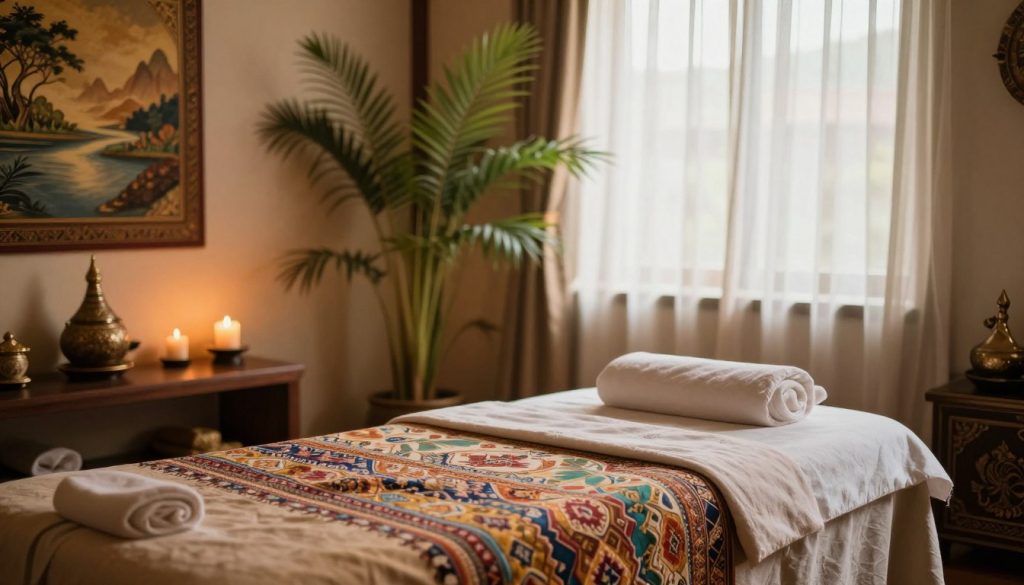 A tranquil Thai massage setting in Istanbul, featuring an elegant massage room. In the foreground, a traditional Thai massage table adorned with a soft, colorful fabric known for its intricate patterns and textures. The middle ground showcases elements such as tranquil bamboo plants, scented candles, and traditional Thai decor, like wall hangings depicting serene landscapes. The background reveals a softly lit window draped with sheer curtains, allowing warm, natural light to filter in, creating a calming atmosphere. The overall mood is serene and inviting, ideal for a massage experience, embodying relaxation and cultural richness. Focus on the harmony of natural colors, with warm tones and textures enhancing the ambiance. A tranquil Thai massage setting in Istanbul, featuring an elegant massage room. In the foreground, a traditional Thai massage table adorned with a soft, colorful fabric known for its intricate patterns and textures. The middle ground showcases elements such as tranquil bamboo plants, scented candles, and traditional Thai decor, like wall hangings depicting serene landscapes. The background reveals a softly lit window draped with sheer curtains, allowing warm, natural light to filter in, creating a calming atmosphere. The overall mood is serene and inviting, ideal for a massage experience, embodying relaxation and cultural richness. Focus on the harmony of natural colors, with warm tones and textures enhancing the ambiance.