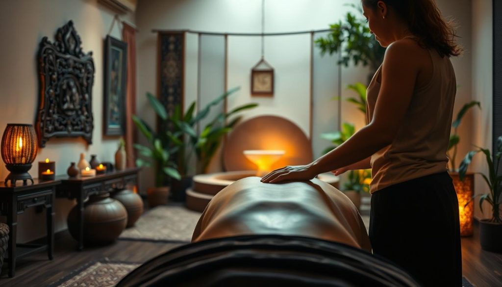 A tranquil Thai massage therapy studio, softly lit with warm, ambient lighting. In the foreground, a therapist's hands gently kneading and soothing a client's back, using long, flowing strokes. The middle ground features a blend of traditional Thai decor, including intricate wood carvings, hanging tapestries, and a serene water feature. The background evokes a sense of natural serenity, with lush, verdant foliage and a calming, muted color palette. The overall atmosphere is one of deep relaxation, healing, and personal rejuvenation. A tranquil Thai massage therapy studio, softly lit with warm, ambient lighting. In the foreground, a therapist's hands gently kneading and soothing a client's back, using long, flowing strokes. The middle ground features a blend of traditional Thai decor, including intricate wood carvings, hanging tapestries, and a serene water feature. The background evokes a sense of natural serenity, with lush, verdant foliage and a calming, muted color palette. The overall atmosphere is one of deep relaxation, healing, and personal rejuvenation.